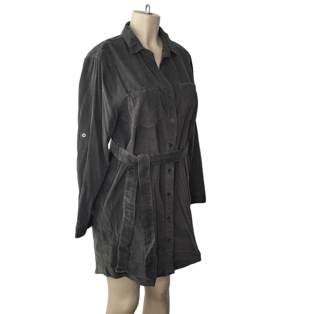 Lucky Brand Shirt Dress Women XL Green Corduroy Belted Long Sleeve Mini Pocket